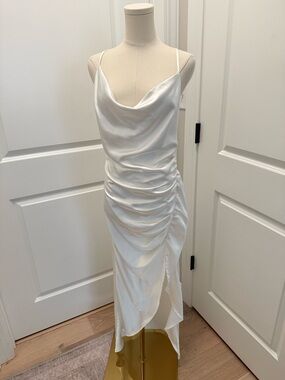 Endless Rose White Satin Cowl Ruched Midi Slip Dress
